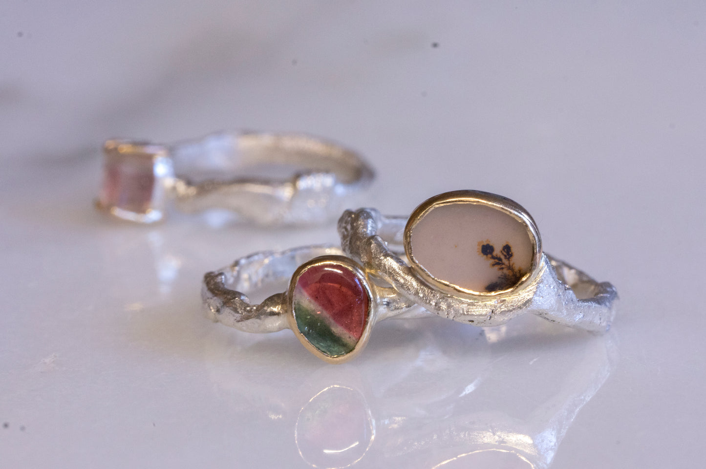 Custom order for Colson, peach blossom ring with textured shank, size 5