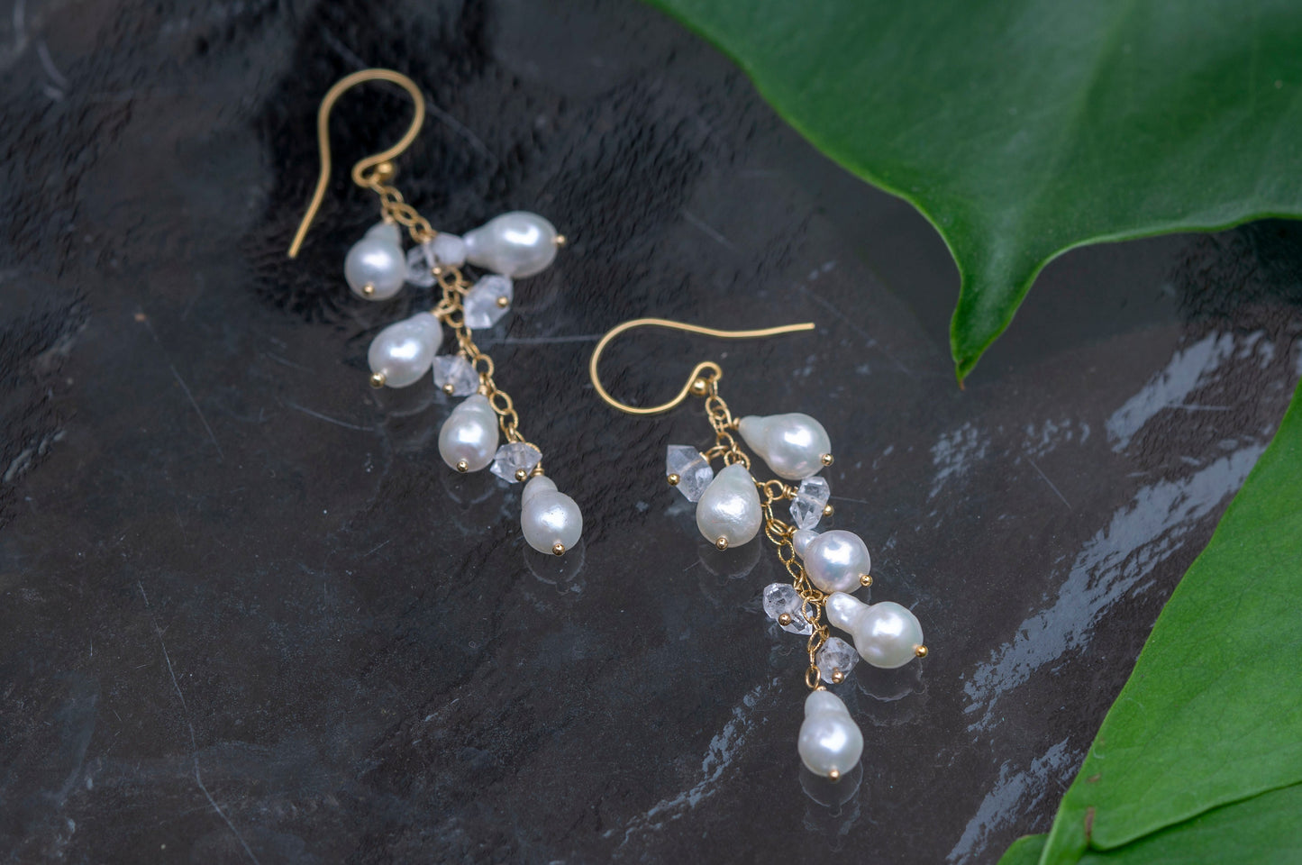 Pearl and Herkimer quartz cluster earrings