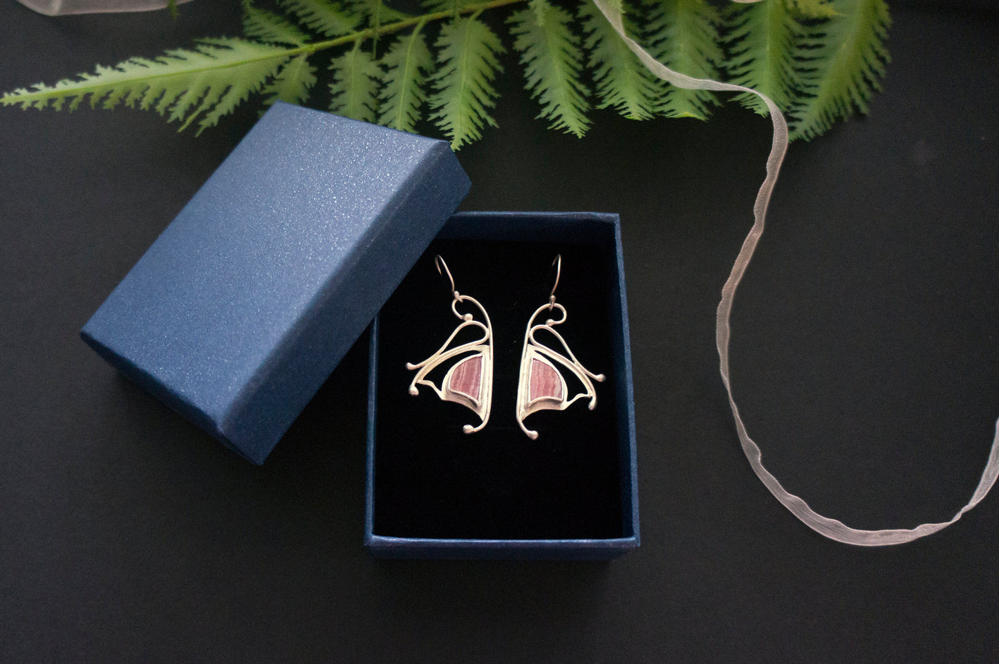 Pink rhodochrosite butterfly earrings