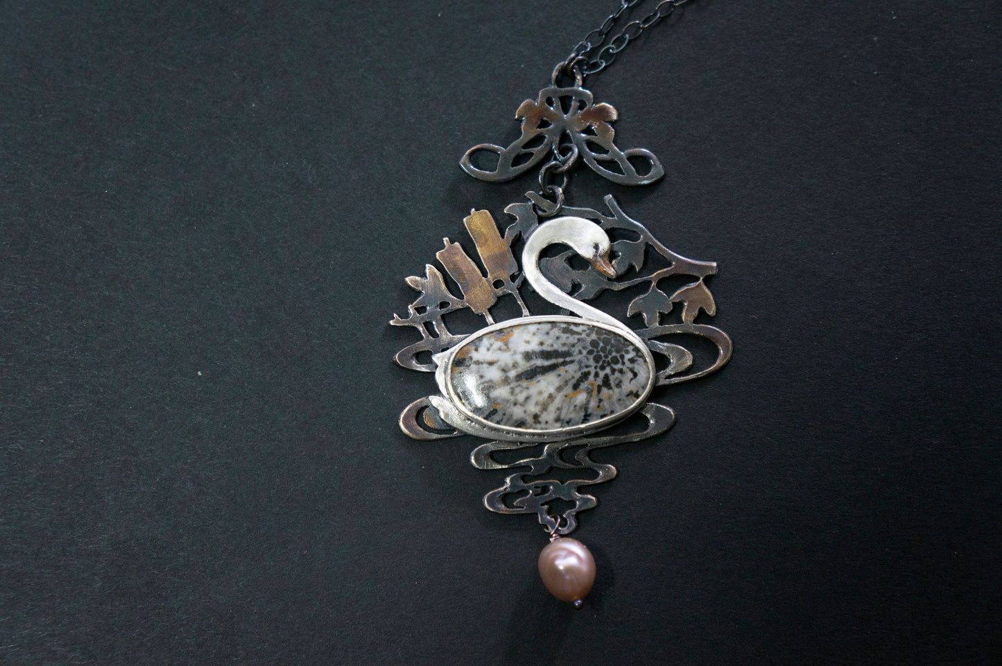 Swan black fossil coral and baroque pearl sterling silver necklace