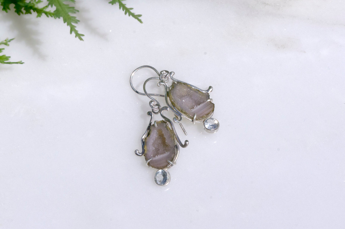 Geode and aquamarine bell flower dangle earrings
