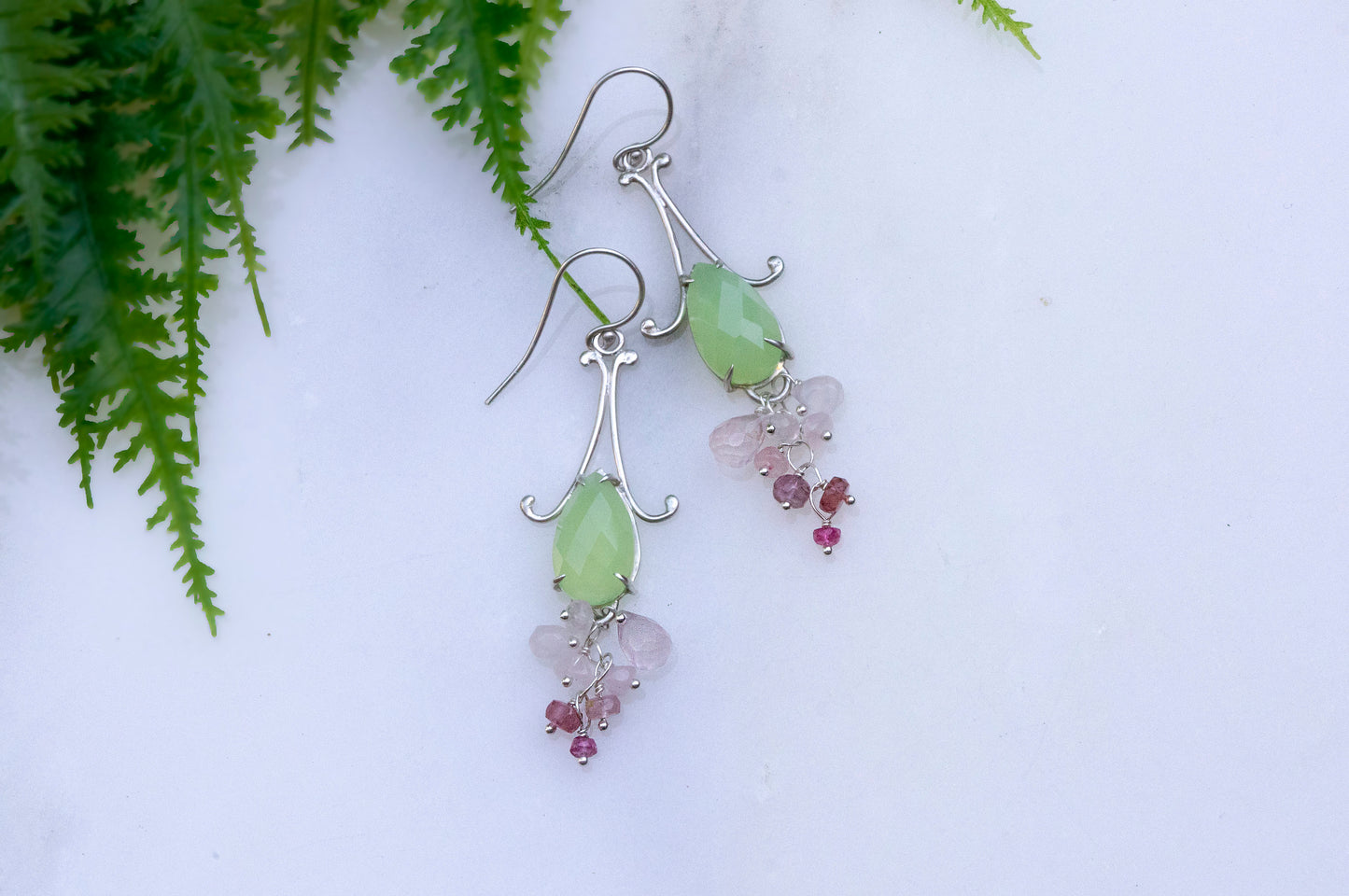 Prehnite chalcedony bell flower dangle earrings