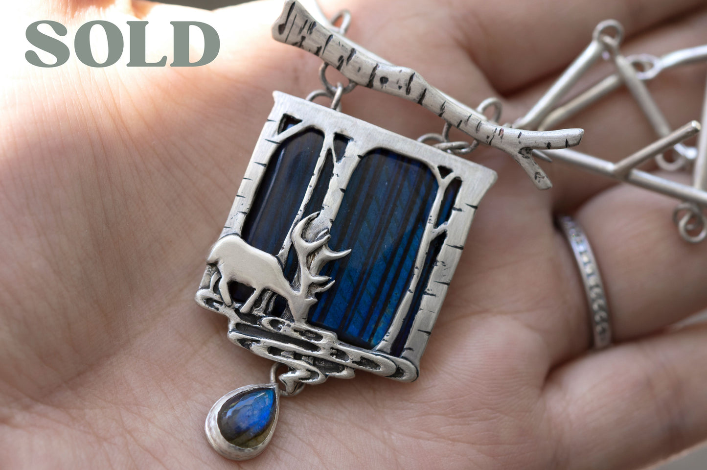 Deer in magical world, Labradorite brooch and necklace, one of a kind