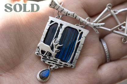 Deer in magical world, Labradorite brooch and necklace, one of a kind