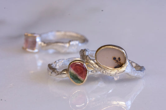 Custom order for Colson, peach blossom ring with textured shank, size 5
