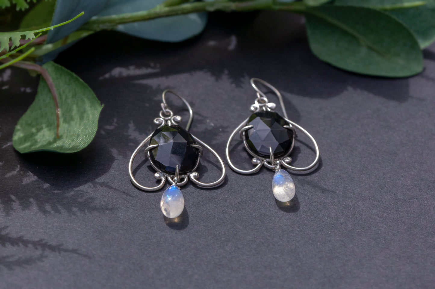 Black agate bell flower dangle earrings