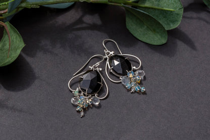 Black agate and opal bell flower dangle earrings