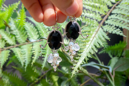 Black agate bell flower dangle earrings