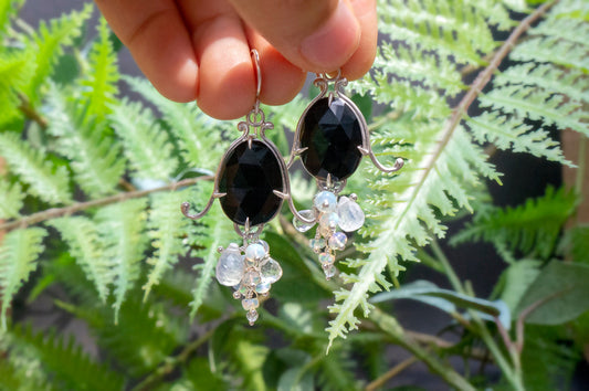 Black agate bell flower dangle earrings
