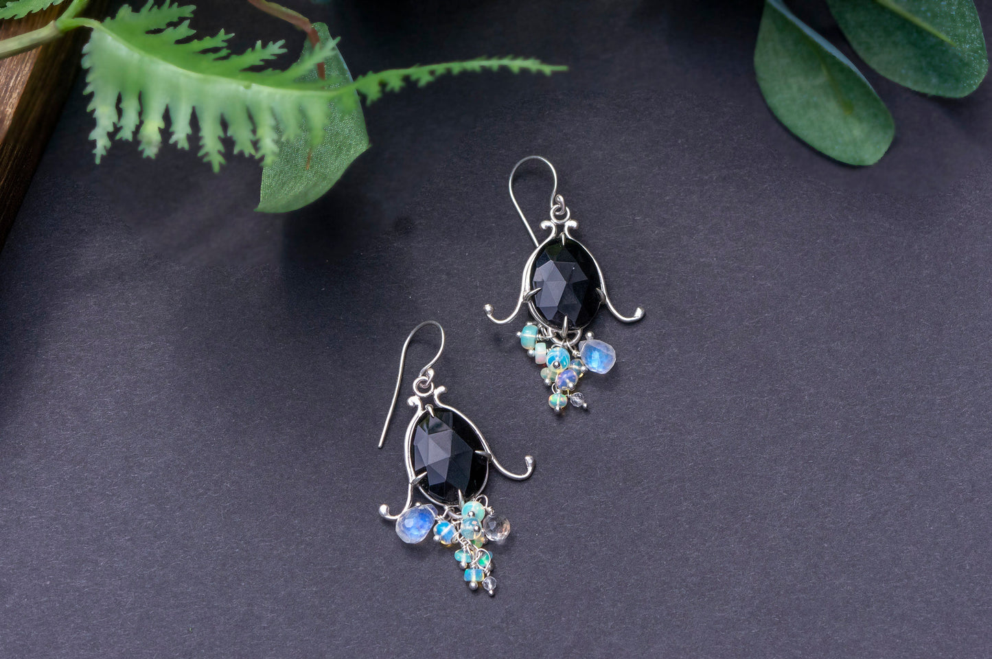 Black agate bell flower dangle earrings