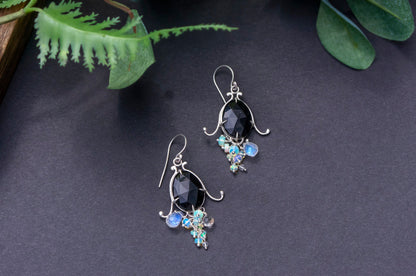 Black agate bell flower dangle earrings