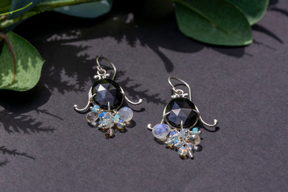 Black agate bell flower dangle earrings