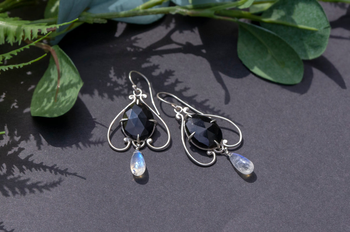 Black agate bell flower dangle earrings