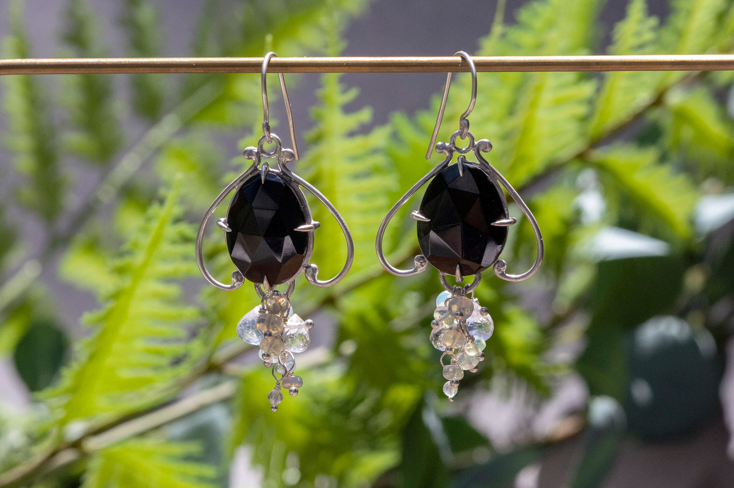 Black agate and opal bell flower dangle earrings
