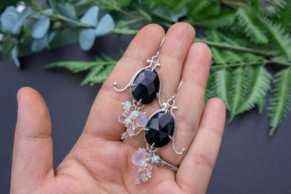 Black agate bell flower dangle earrings