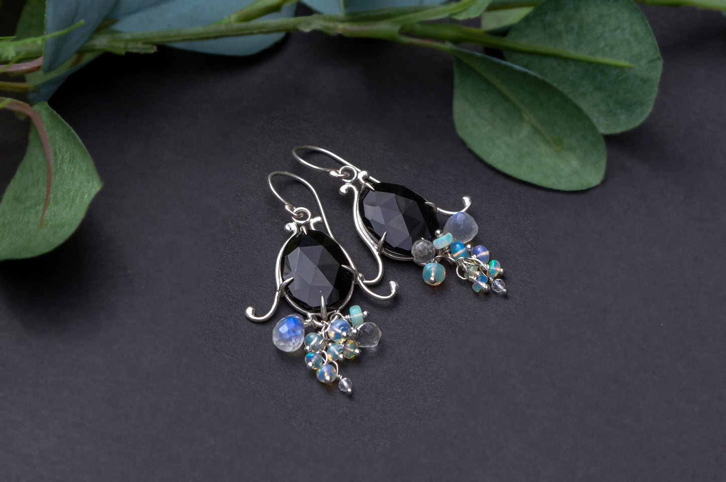 Black agate bell flower dangle earrings