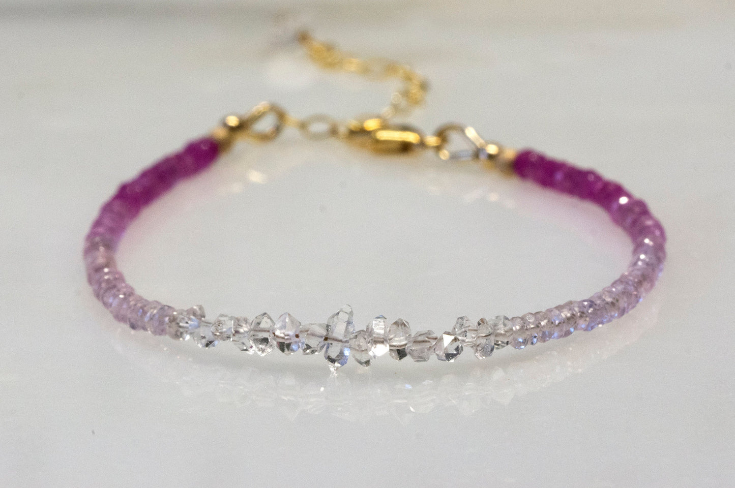 Ombre pink sapphire and Herkimer diamond bracelet