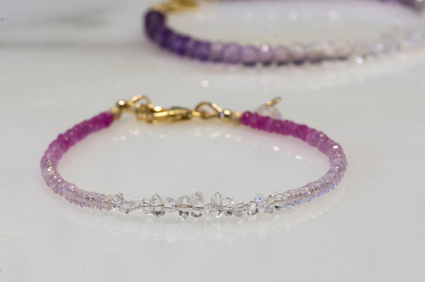 Ombre pink sapphire and Herkimer diamond bracelet