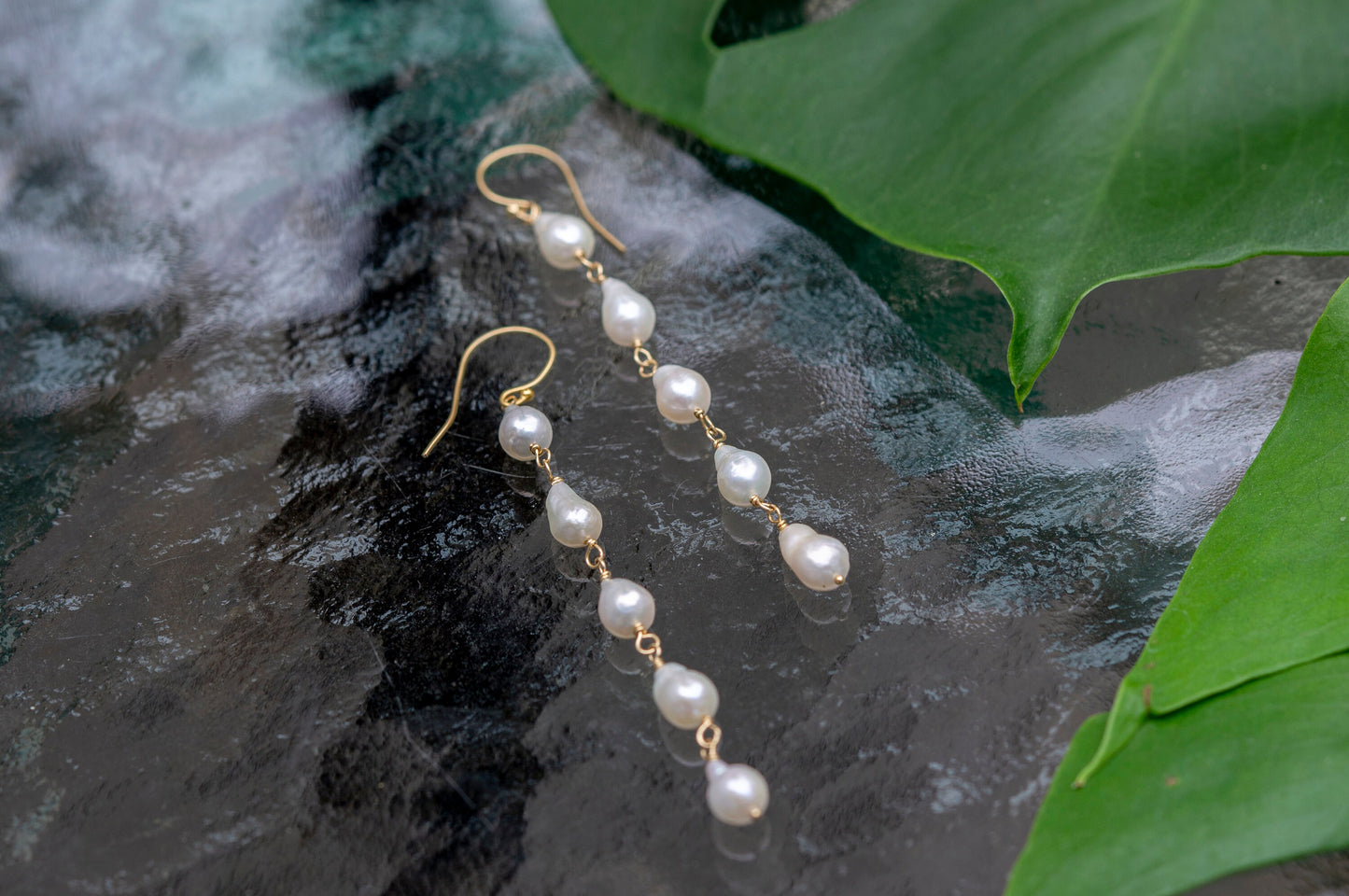 Long pearl gold-filled dangle earrings