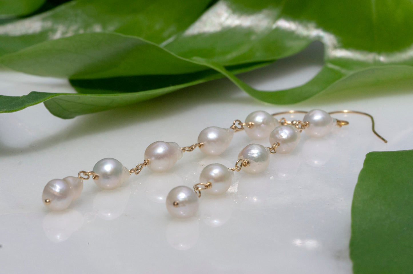 Long pearl gold-filled dangle earrings