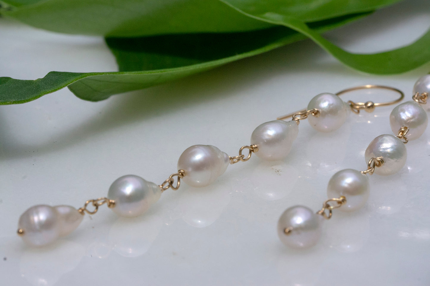Long pearl gold-filled dangle earrings