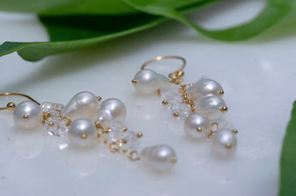 Pearl and Herkimer quartz cluster earrings