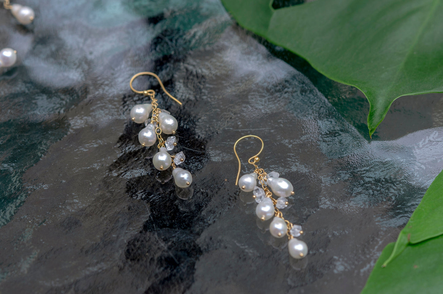 Pearl and Herkimer quartz cluster earrings