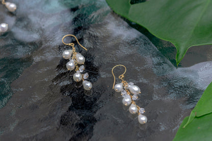 Pearl and Herkimer quartz cluster earrings