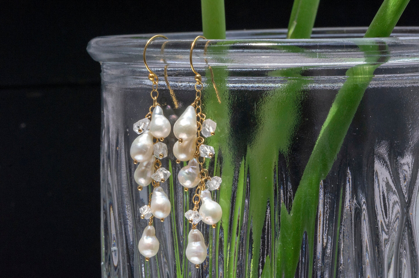 Pearl and Herkimer quartz cluster earrings