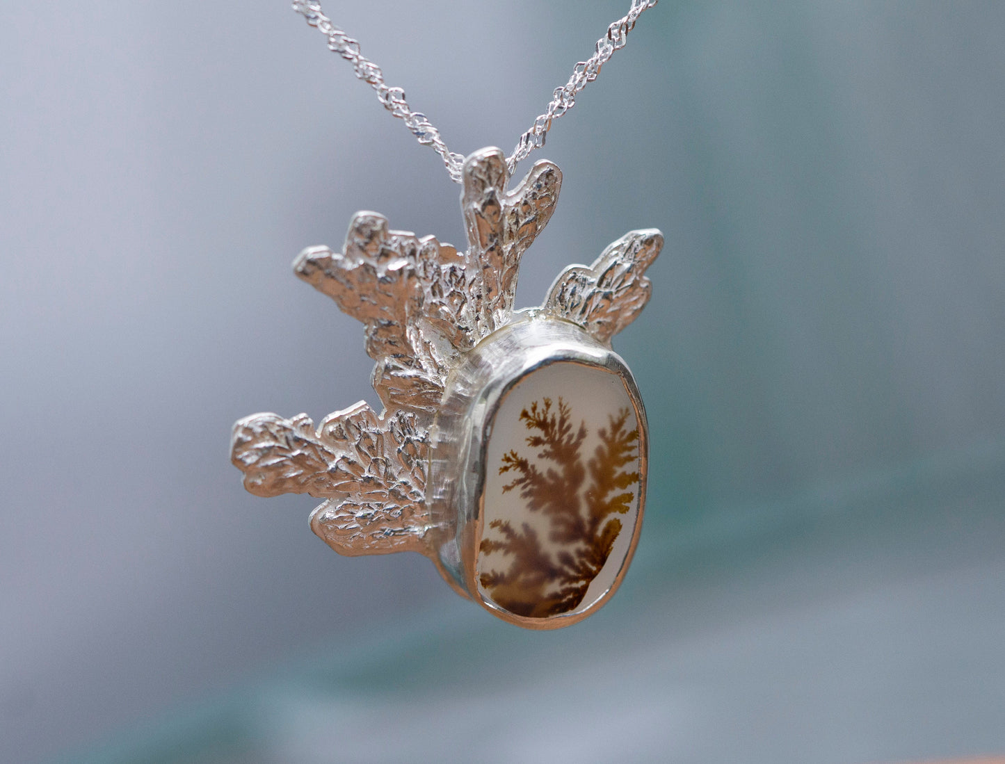 Dendritic agate pine leaf necklace