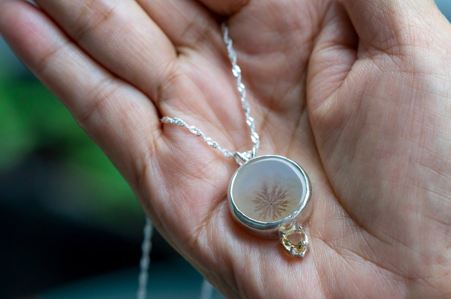 Dendritic agate and citrine silver pendant
