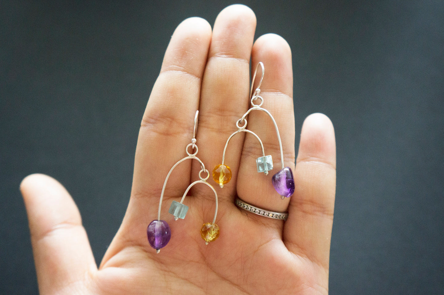 Multi gemstone silver mobile earrings