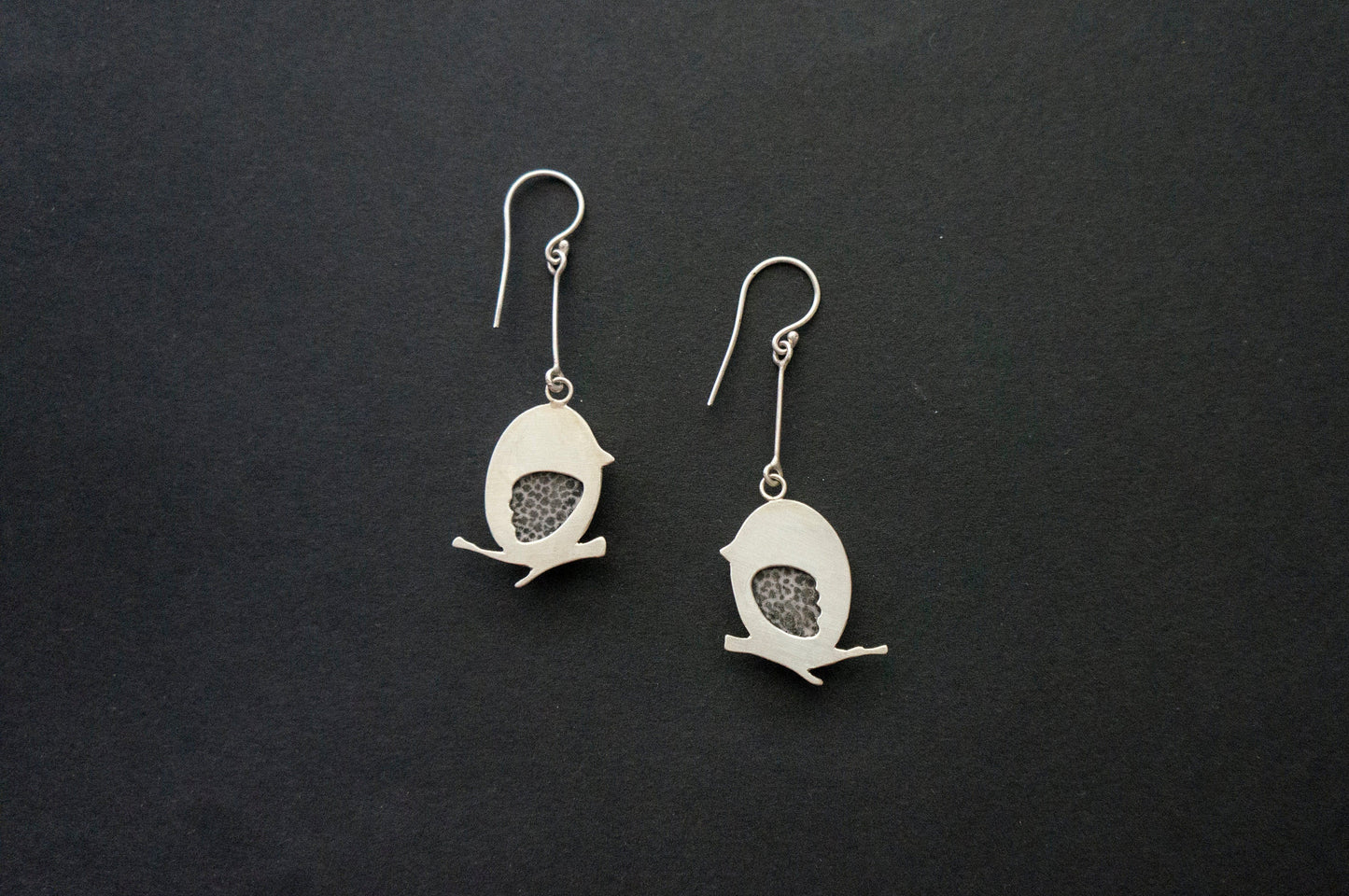Black fossil coral little bird earrings