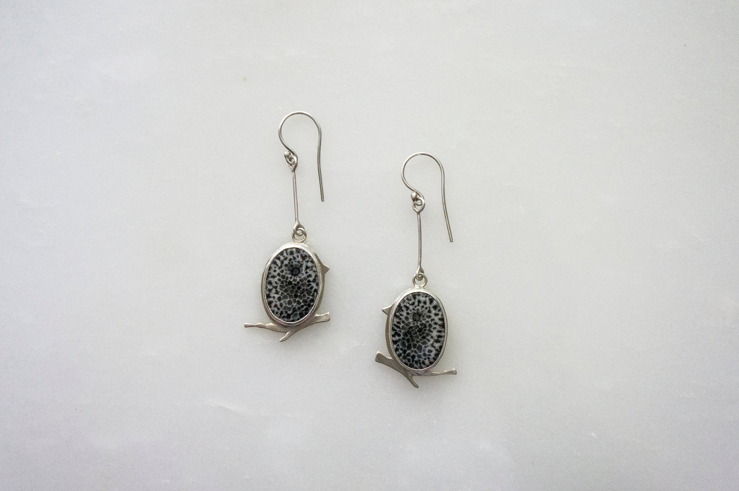 Black fossil coral little bird earrings