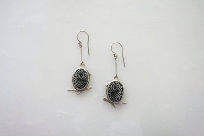 Black fossil coral little bird earrings