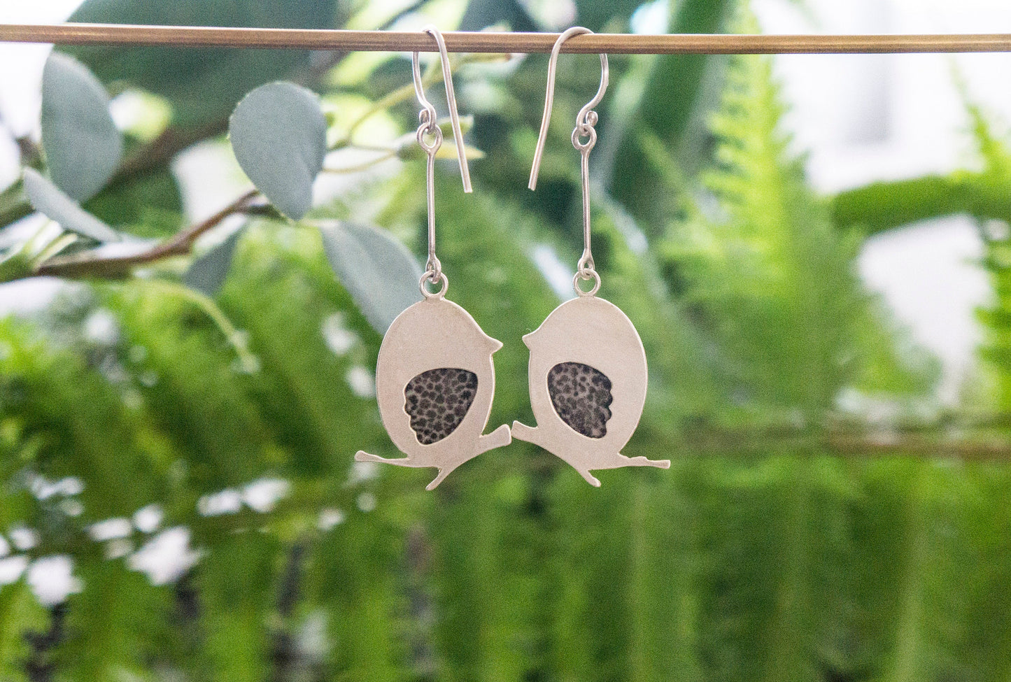 Black fossil coral little bird earrings