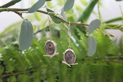 Black fossil coral little bird earrings