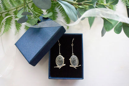 Black fossil coral little bird earrings
