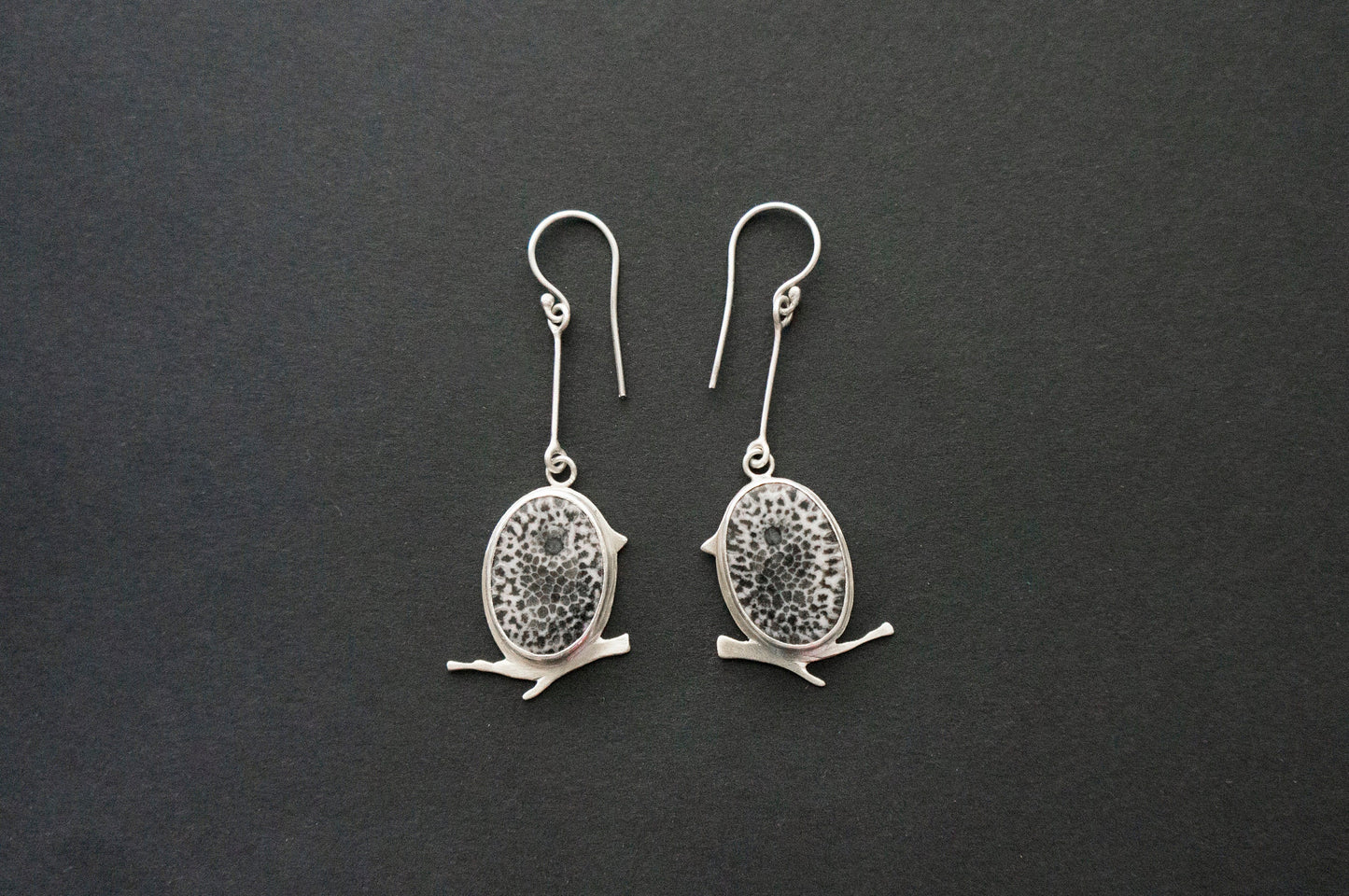 Black fossil coral little bird earrings