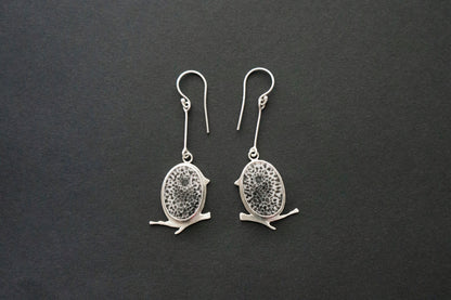 Black fossil coral little bird earrings