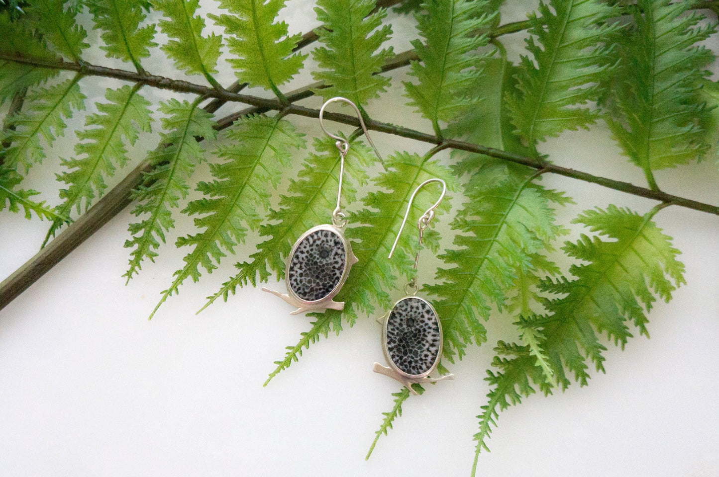 Black fossil coral little bird earrings