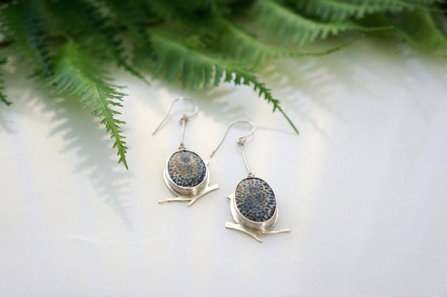 Black fossil coral little bird earrings