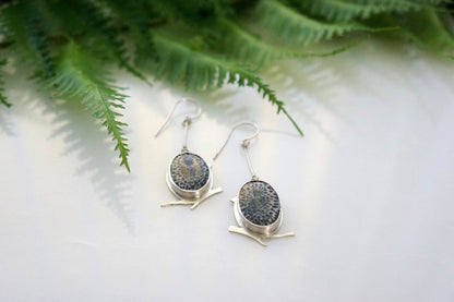 Black fossil coral little bird earrings