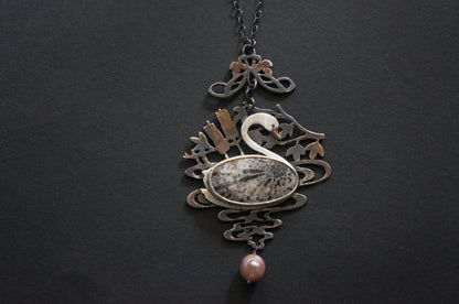 Swan black fossil coral and baroque pearl sterling silver necklace