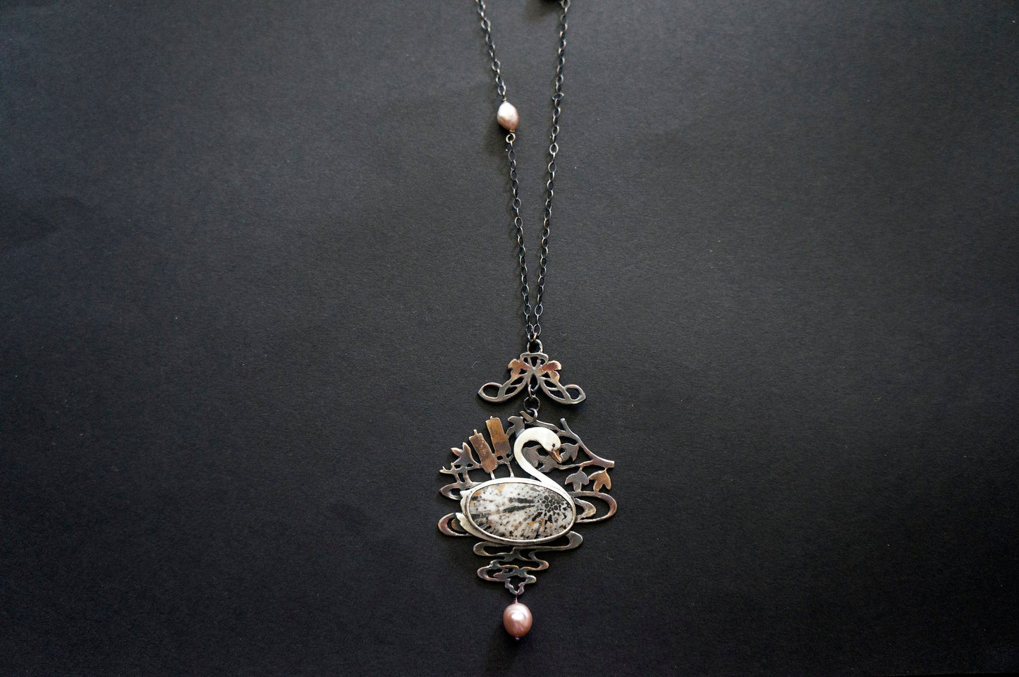 Swan black fossil coral and baroque pearl sterling silver necklace