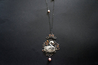 Swan black fossil coral and baroque pearl sterling silver necklace