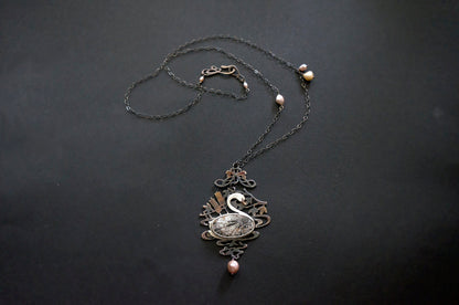Swan black fossil coral and baroque pearl sterling silver necklace