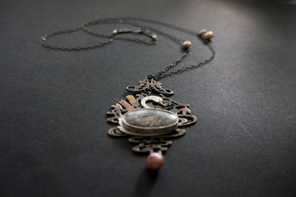 Swan black fossil coral and baroque pearl sterling silver necklace