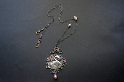 Swan black fossil coral and baroque pearl sterling silver necklace