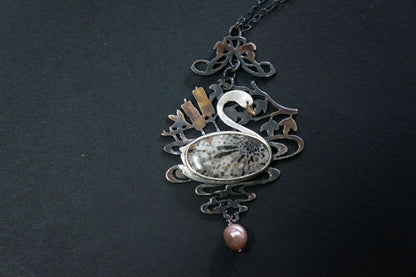 Swan black fossil coral and baroque pearl sterling silver necklace
